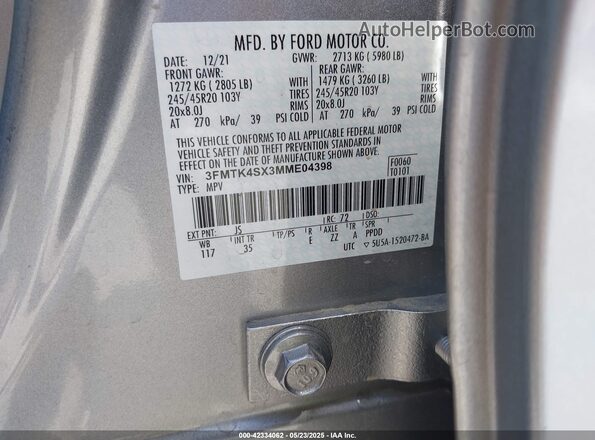 3FMTK4SX3MME04398 2021 FORD MUSTANG MACH-E Silver ძრავის განყოფილების ხედი