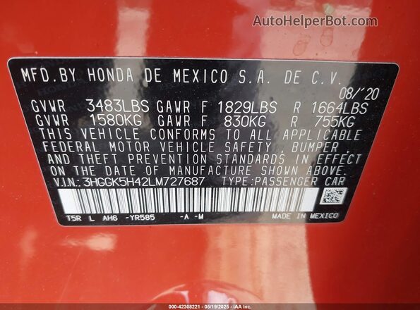 3HGGK5H42LM727687 2020 HONDA FIT Оранжевый Вид подкапотного пространства