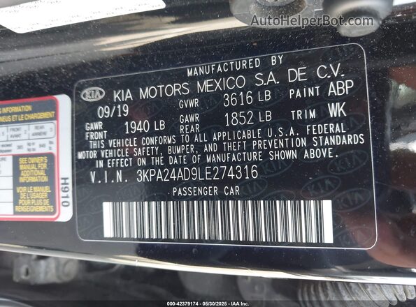 3KPA24AD9LE274316 2020 KIA RIO Black Շարժիչի բաժամունքի տեսք