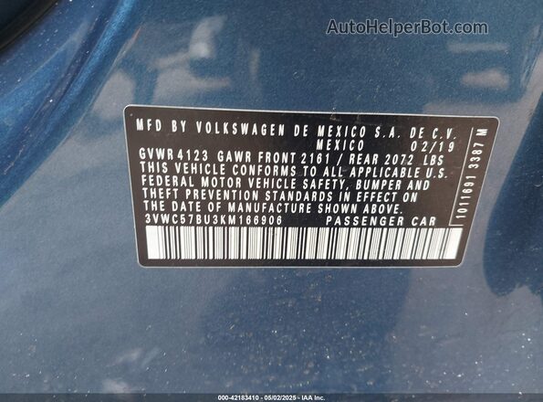 3VWC57BU3KM166906 2019 VOLKSWAGEN JETTA Blue ძრავის განყოფილების ხედი