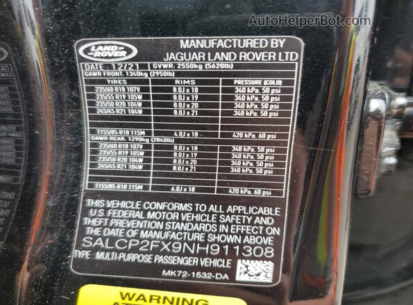 SALCP2FX9NH911308 2022 LAND ROVER DISCOVERY Black Vista de la etiqueta del VIN