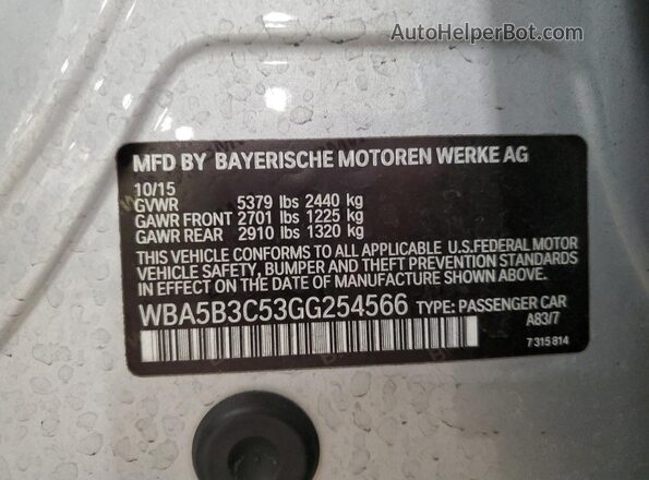 WBA5B3C53GG254566 2016 BMW 5 SERIES Silver Vista de la etiqueta del VIN