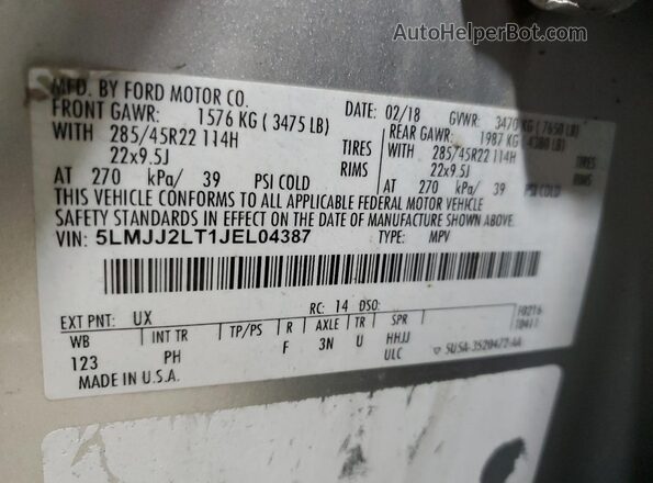 5LMJJ2LT1JEL04387 2018 LINCOLN NAVIGATOR Серебряный Вид наклейки с VIN-кодом
