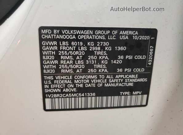 1V2BR2CA5MC541336 2021 VOLKSWAGEN ATLAS White Widok wnętrza 360 stopni