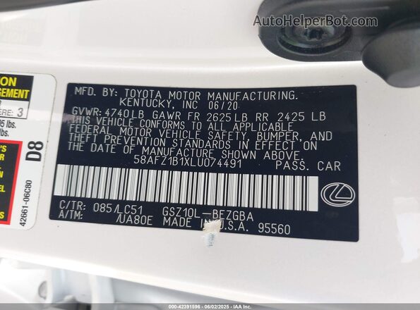 58AFZ1B1XLU074491 2020 LEXUS ES White Вид підкапотного простору