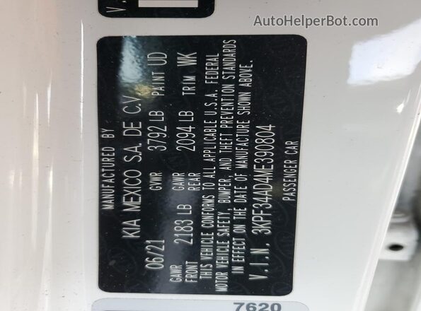 3KPF34AD4ME390804 2021 KIA FORTE White Շարժիչի բաժամունքի տեսք
