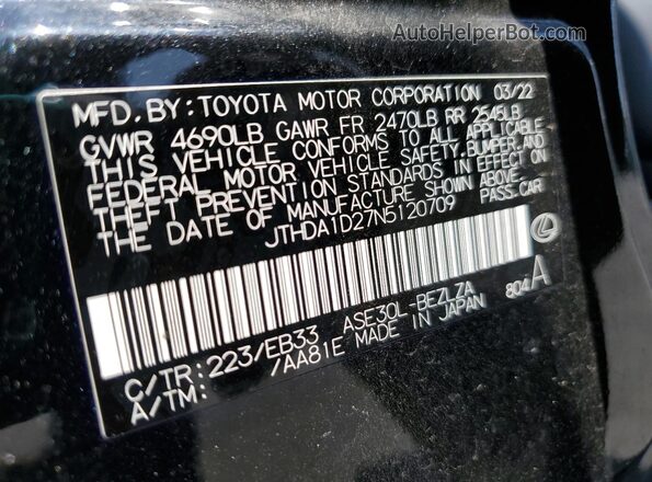 JTHDA1D27N5120709 2022 LEXUS IS Черный Вид наклейки с VIN-кодом