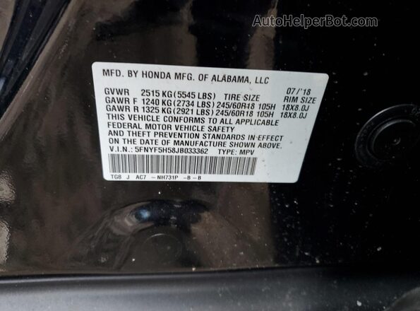 5FNYF5H58JB033362 2018 HONDA PILOT Черный Вид наклейки с VIN-кодом