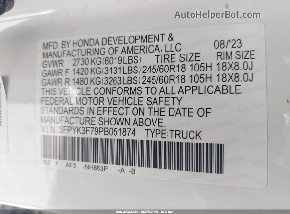 5FPYK3F79PB051874 2023 HONDA RIDGELINE White Vista del compartimento del motor
