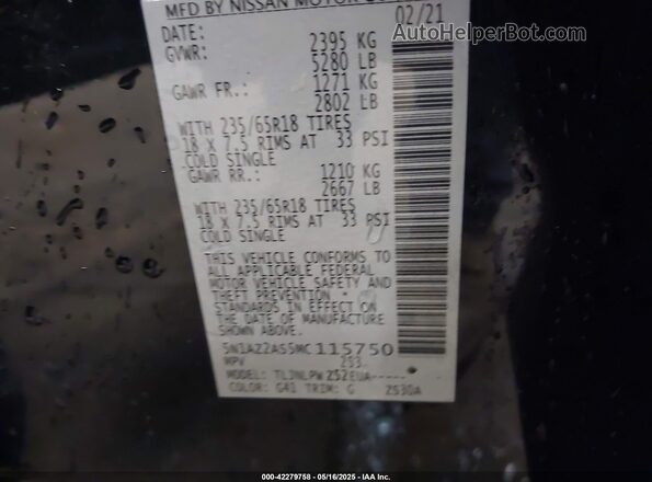 5N1AZ2AS5MC115750 2021 NISSAN MURANO Black Vista del compartimento del motor