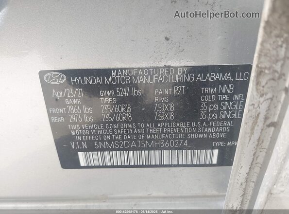 5NMS2DAJ5MH360274 2021 HYUNDAI SANTA FE Серый Вид подкапотного пространства