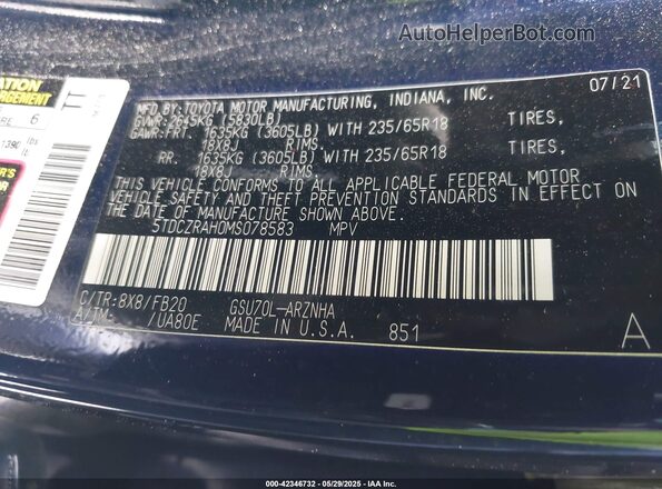 5TDCZRAH0MS078583 2021 TOYOTA HIGHLANDER Синий Вид подкапотного пространства