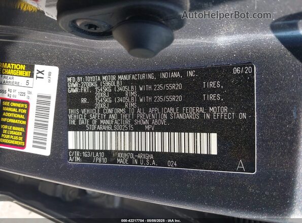 5TDFARAH6LS002515 2020 TOYOTA HIGHLANDER HYBRID Gray ძრავის განყოფილების ხედი