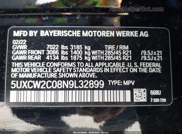 5UXCW2C08N9L32899 2022 BMW X7 Черный Вид подкапотного пространства