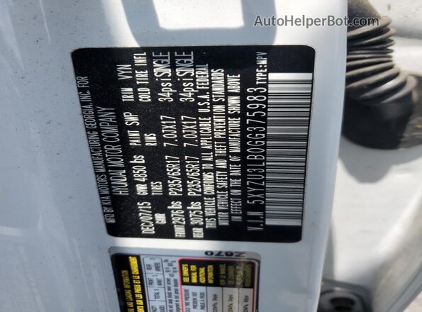 5XYZU3LB0GG375983 2016 HYUNDAI SANTA White VIN კოდის სტიკერის ხედი