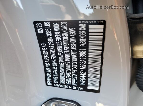 WP0AA2Y16PSA13881 2023 PORSCHE TAYCAN Серый Вид наклейки с VIN-кодом