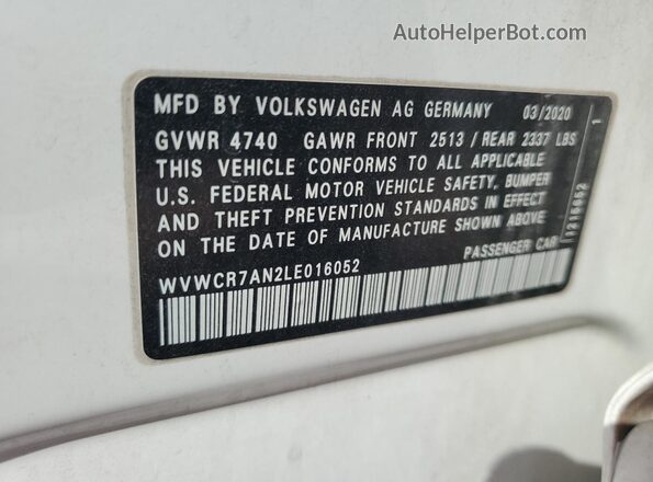 WVWCR7AN2LE016052 2020 VOLKSWAGEN ARTEON White Вид підкапотного простору