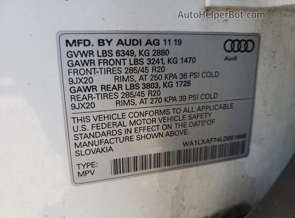 WA1LXAF74LD001646 2020 AUDI Q7 White Widok naklejki z numerem VIN