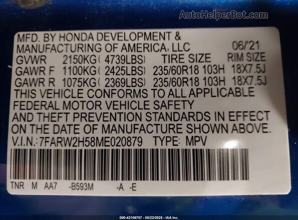 7FARW2H58ME020879 2021 HONDA CR-V Blue Widok komory silnika