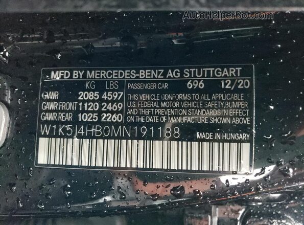 W1K5J4HB0MN191188 2021 MERCEDES-BENZ CLA-CLASS Черный Вид наклейки с VIN-кодом