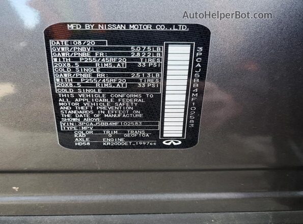3PCAJ5BB4MF102583 2021 INFINITI QX50 Серый Панорамный вид салона 360°