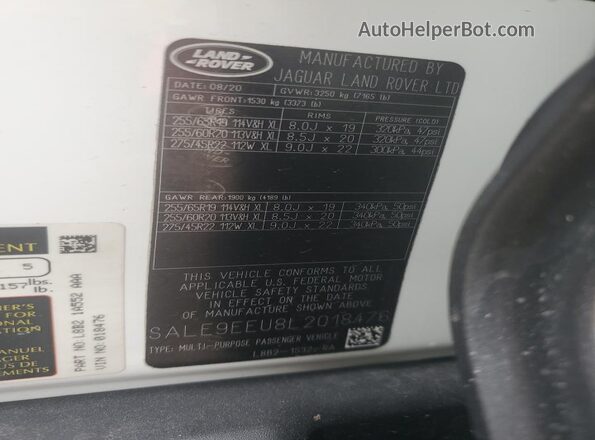 SALE9EEU8L2018476 2020 LAND ROVER DEFENDER White Vista interior de 360 grados