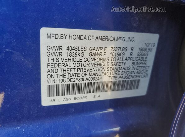 19UDE2F83LA000246 2020 ACURA ILX Синий Вид подкапотного пространства