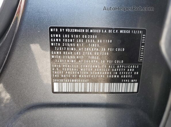 3VV3B7AX5MM056841 2021 VOLKSWAGEN TIGUAN Серый Вид наклейки с VIN-кодом