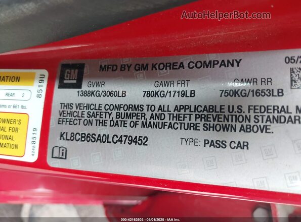 KL8CB6SA0LC479452 2020 CHEVROLET SPARK Red Вид підкапотного простору