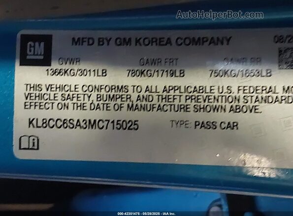 KL8CC6SA3MC715025 2021 CHEVROLET SPARK Синий Вид подкапотного пространства