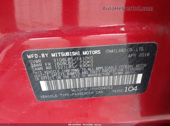ML32F3FJ3HH004052 2017 MITSUBISHI MIRAGE G4 Red Vista del compartimento del motor