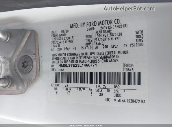 NM0LS7E23L1466771 2020 FORD TRANSIT CONNECT Белый Вид наклейки с VIN-кодом
