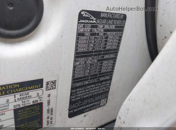 SADCJ2FX5LA643831 2020 JAGUAR F-PACE Белый Вид подкапотного пространства