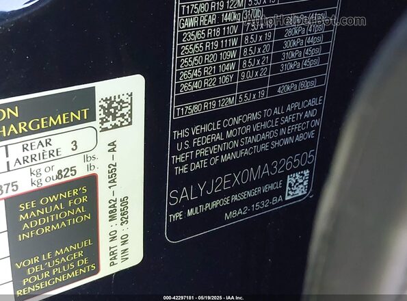 SALYJ2EX0MA326505 2021 LAND ROVER RANGE ROVER VELAR Black Widok komory silnika