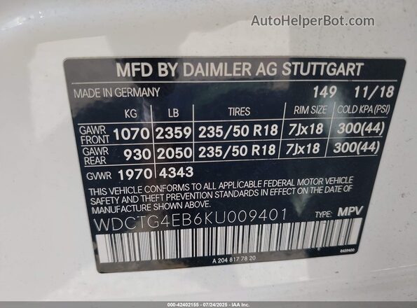 WDCTG4EB6KU009401 2019 MERCEDES-BENZ GLA 250 White Widok komory silnika