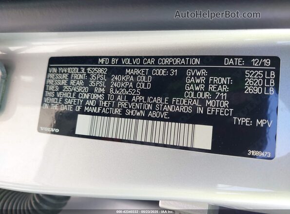 YV4102DL3L1525862 2020 VOLVO XC60 Серебряный Вид подкапотного пространства