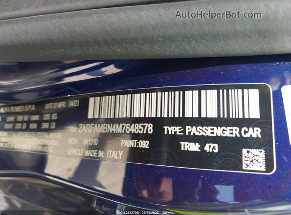 ZARFAMBN4M7648578 2021 ALFA ROMEO GIULIA Синий Вид подкапотного пространства