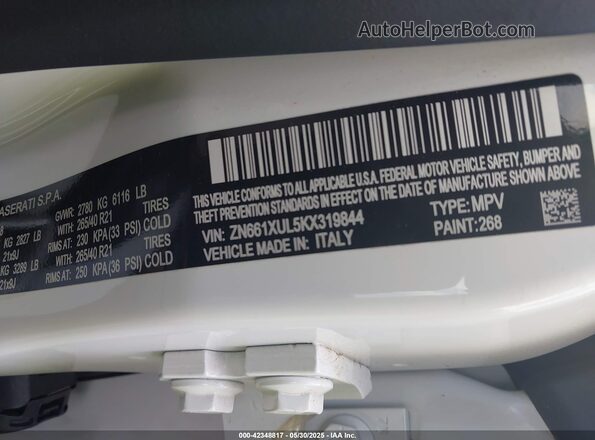 ZN661XUL5KX319844 2019 MASERATI LEVANTE White Շարժիչի բաժամունքի տեսք