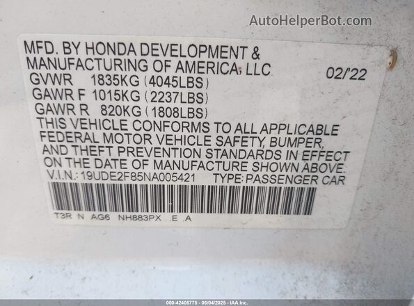 19UDE2F85NA005421 2022 ACURA ILX White Vista del compartimento del motor
