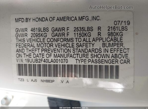 19UUB2F40LA001070 2020 ACURA TLX White Շարժիչի բաժամունքի տեսք