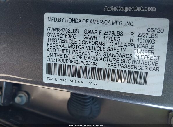 19UUB3F42LA003408 2020 ACURA TLX Gray Вид підкапотного простору