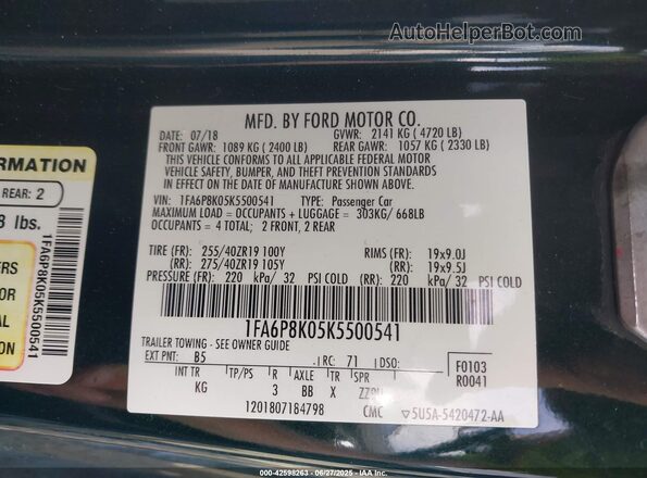 1FA6P8K05K5500541 2019 FORD MUSTANG Зеленый Вид подкапотного пространства