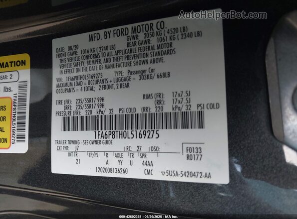 1FA6P8TH0L5169275 2020 FORD MUSTANG Серый Вид подкапотного пространства