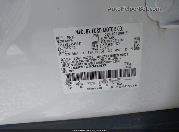 1FMSK7FH3MGA44933 2021 FORD FORD EXPLORER White Вид підкапотного простору