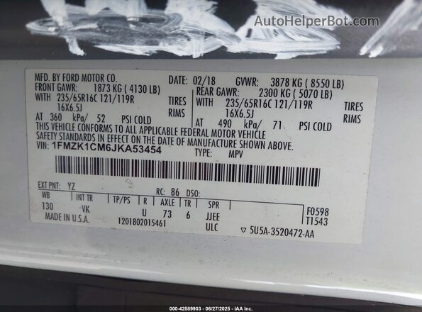 1FMZK1CM6JKA53454 2018 FORD TRANSIT-150 Белый Вид подкапотного пространства
