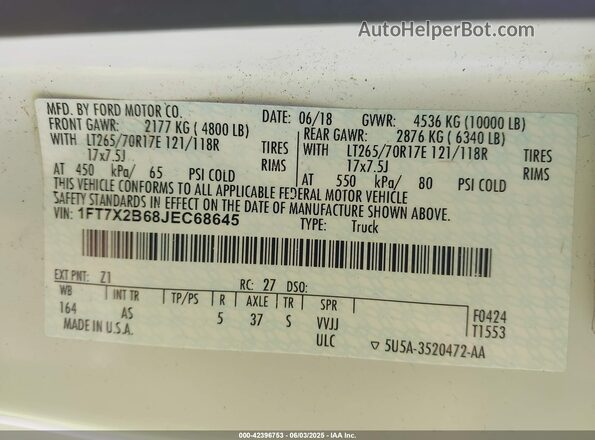 1FT7X2B68JEC68645 2018 FORD F250 White Widok komory silnika