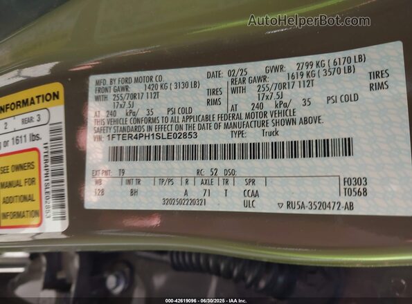 1FTER4PH1SLE02853 2025 FORD RANG Gray ძრავის განყოფილების ხედი