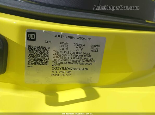 1G1YB3D47R5116476 2024 CHEVROLET CORVETTE Yellow Widok naklejki z numerem VIN