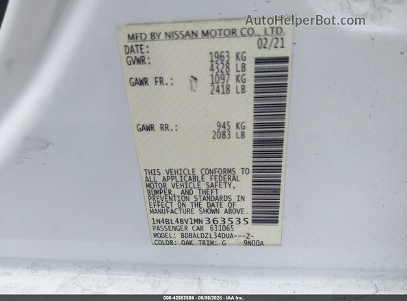 1N4BL4BV1MN363535 2021 NISSAN ALTIMA Белый Вид подкапотного пространства