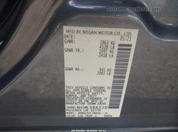 1N4BL4BV2MN388220 2021 NISSAN ALTIMA Gray Շարժիչի բաժամունքի տեսք